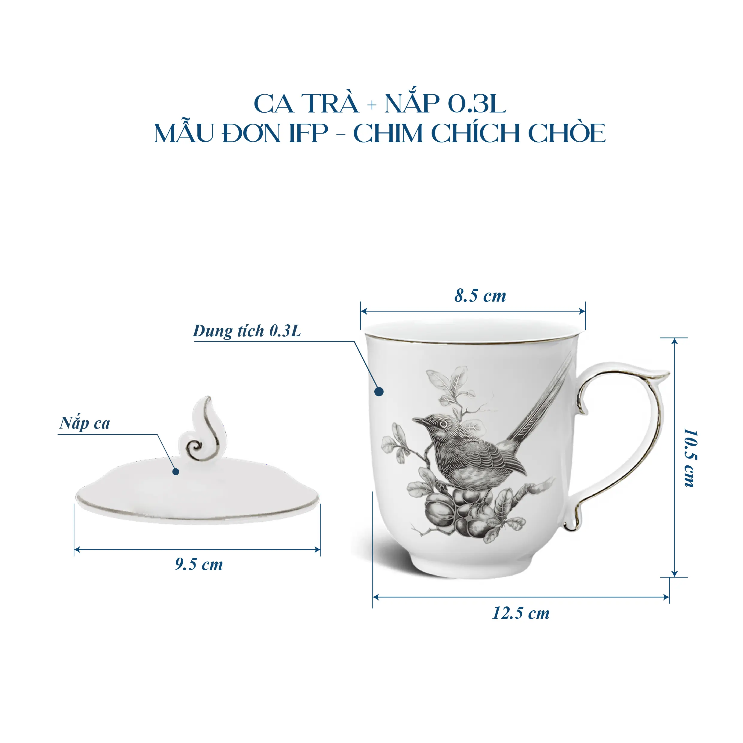 Ca trà 0.30 L + nắp - Mẫu đơn IFP - Chim Chích Chòe