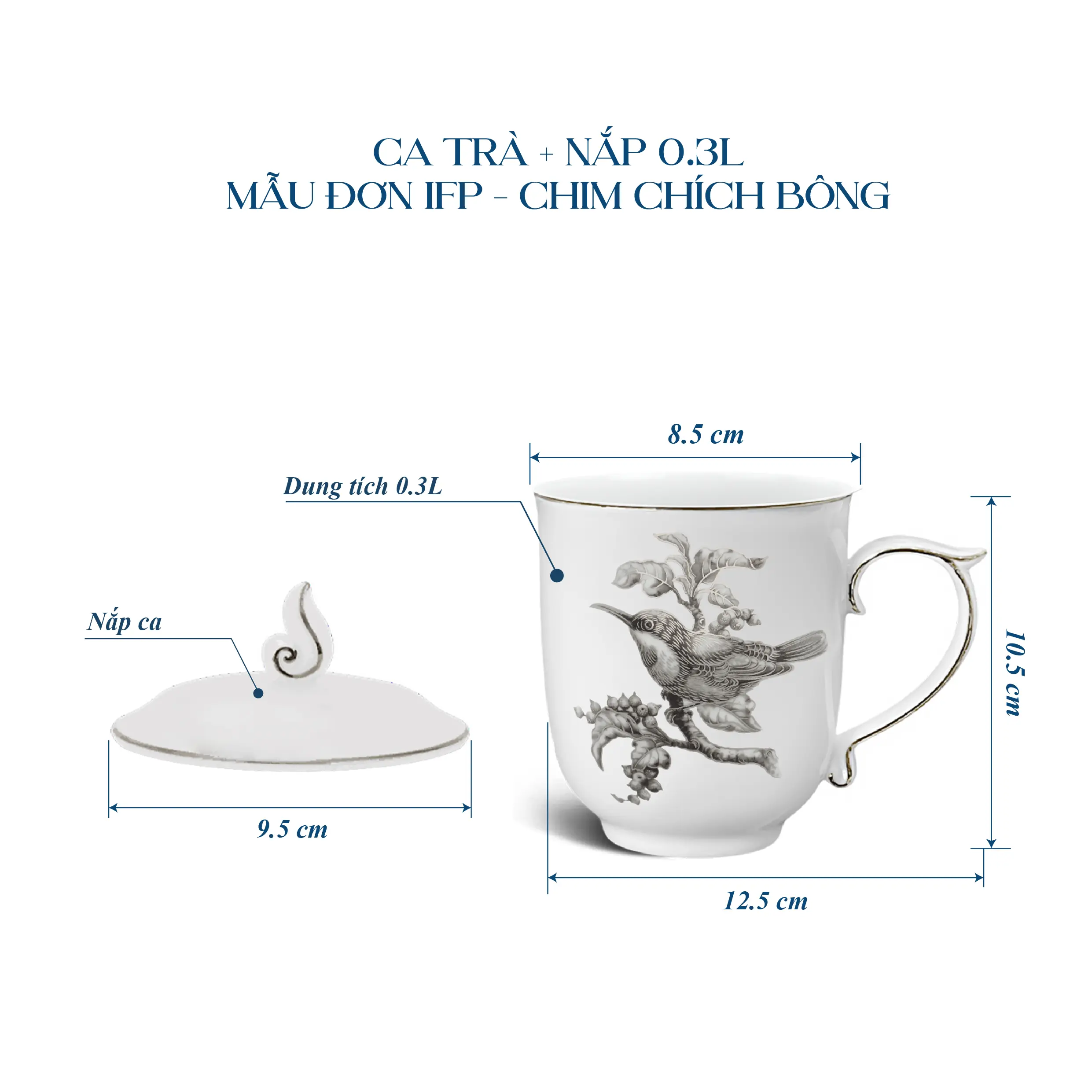 Ca trà 0.30 L + nắp - Mẫu đơn IFP - Chim Chích Bông