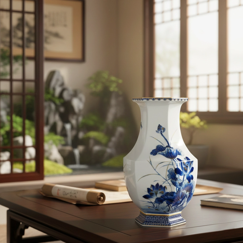 Bình hoa Lộc Phát 28 cm - Bình hoa - Sen vàng nền xanh ngọc