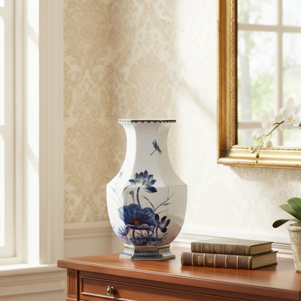 Bình hoa Lộc Phát 28 cm - Bình hoa - Sen vàng nền xanh ngọc