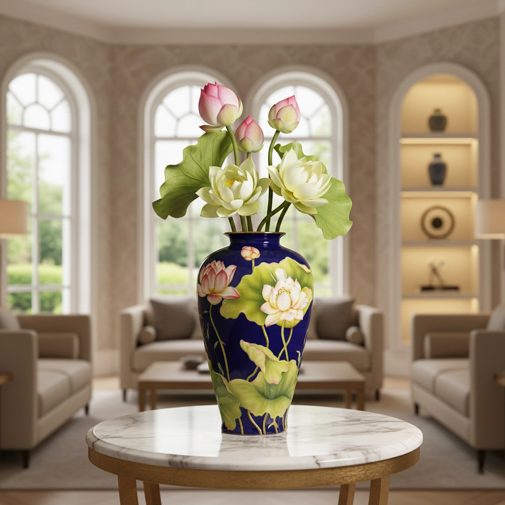 Bình hoa 40 cm - Bình Hoa - Sen Khắc nổi nền Cobalt