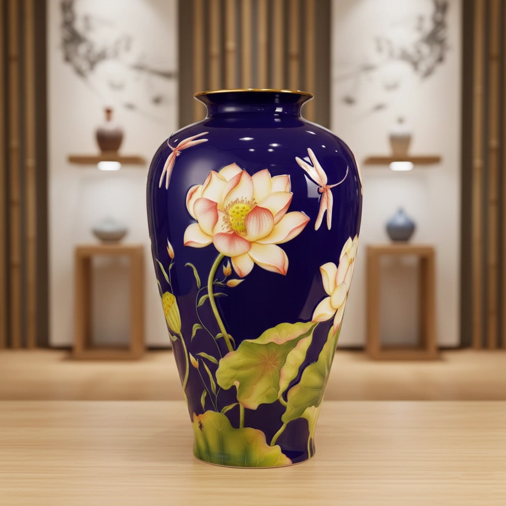 Bình hoa 40 cm - Bình Hoa - Sen Khắc nổi nền Cobalt