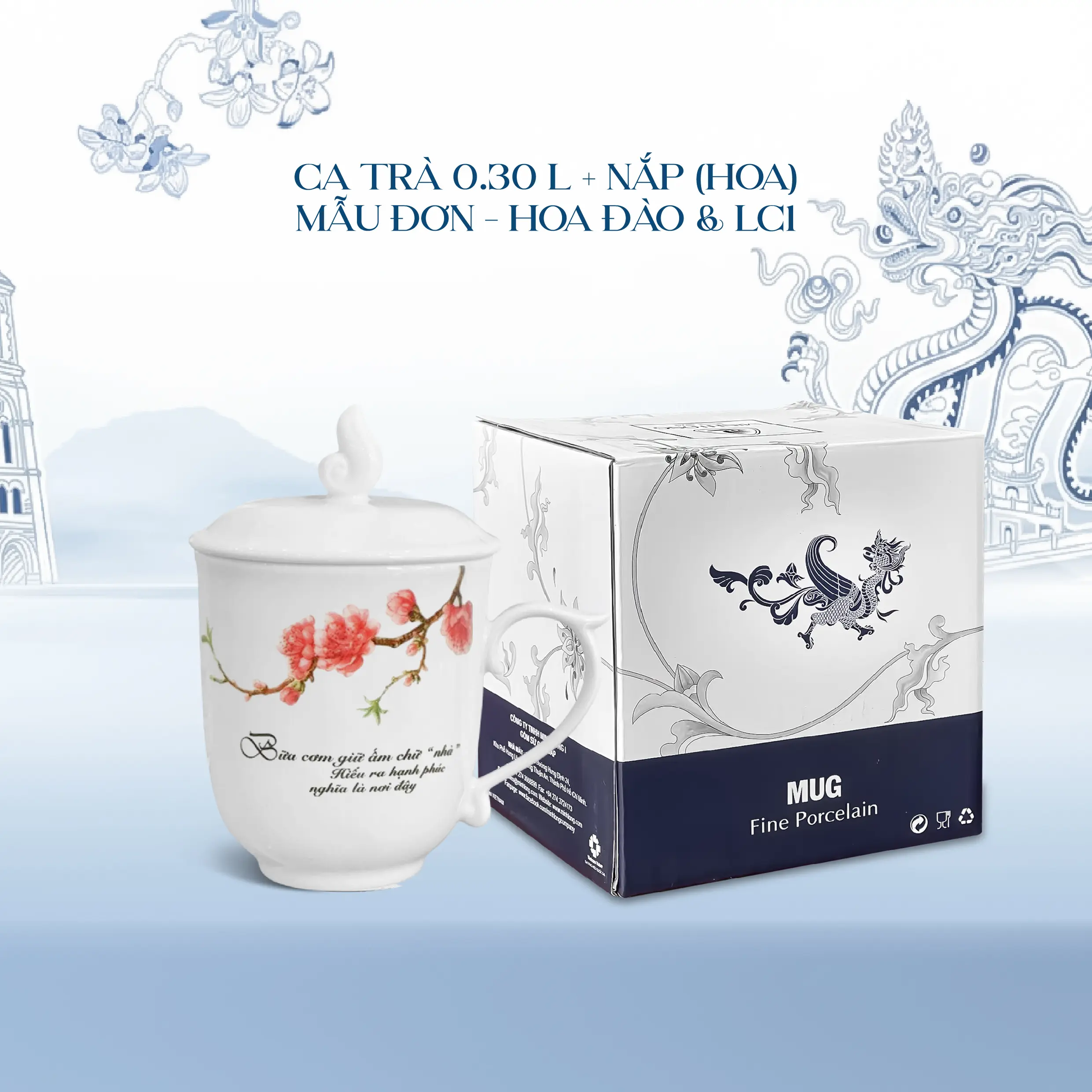 Ca trà 0.3L + nắp Mẫu đơn Đào & LC1