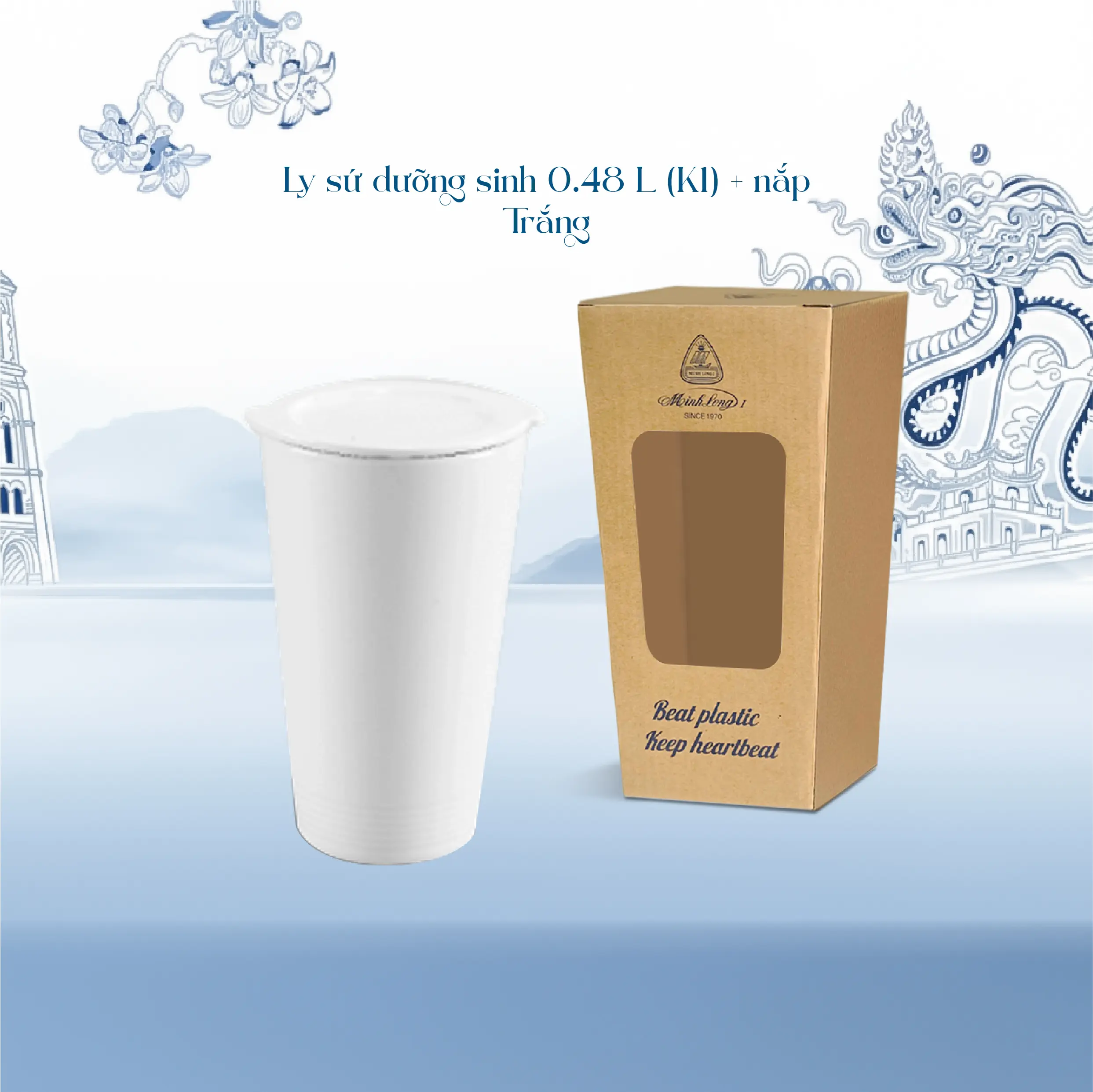 Ly sứ dưỡng sinh 0.48L (K1) + nắp Dưỡng Sinh Trắng