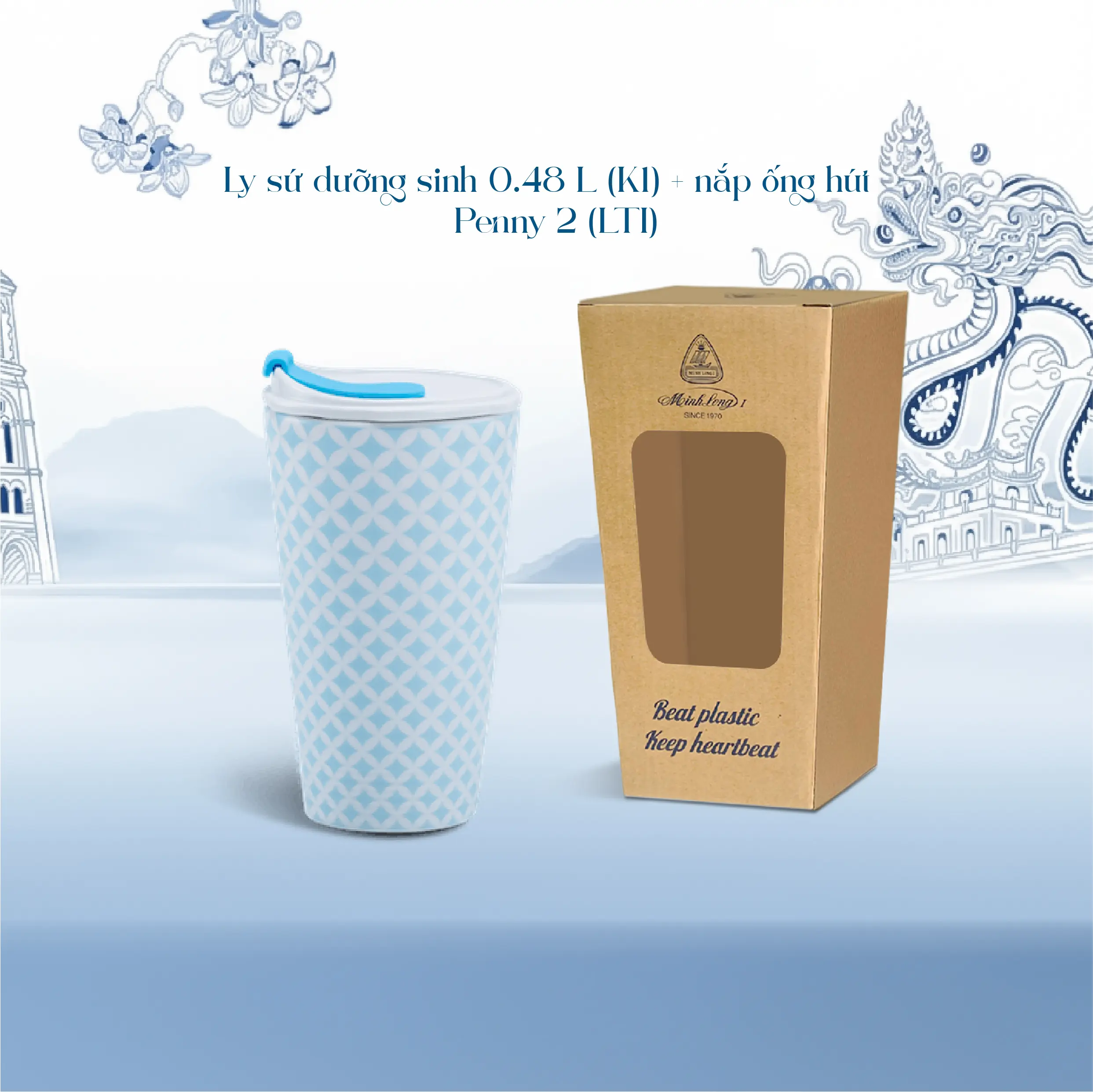 Ly sứ dưỡng sinh 0.48 L (K1) + nắp Dưỡng sinh Penny 2 (LTI)