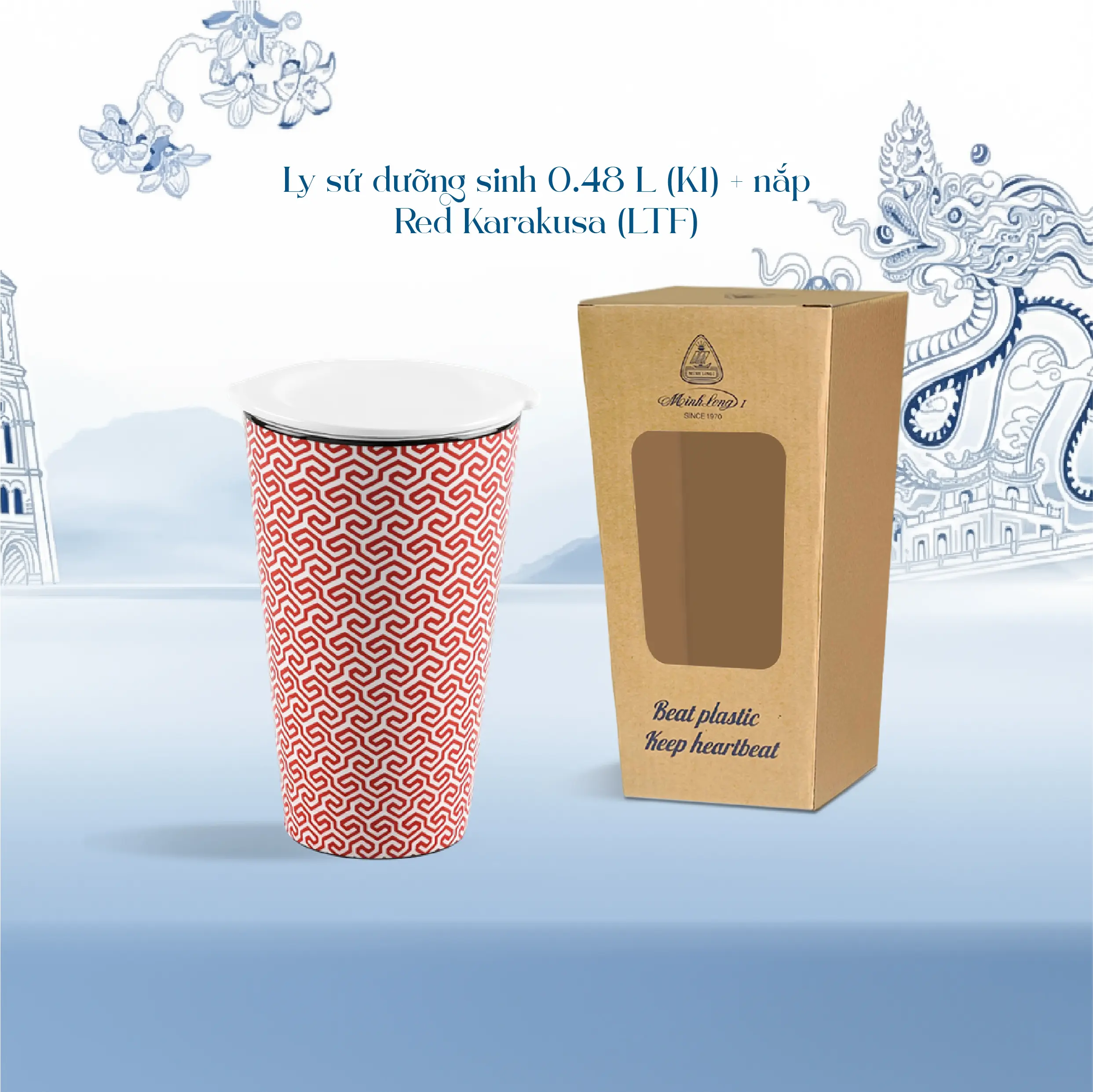 Ly sứ dưỡng sinh 0.48 L (K1) + nắp DUONGSINH Red Karakusa (LTF)