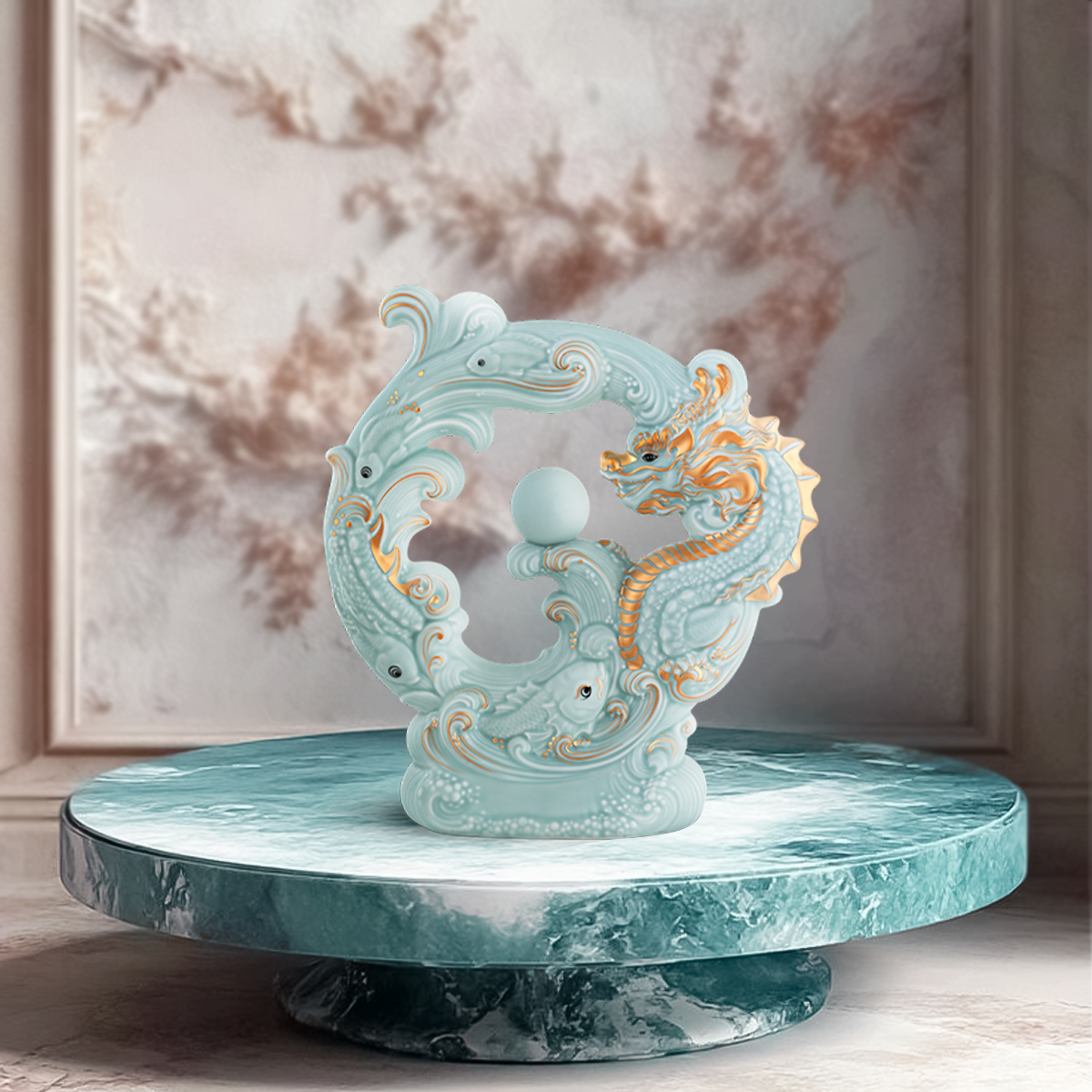 Tượng rồng Khải Đức 23.9 cm - Men Ngọc Sương Mờ