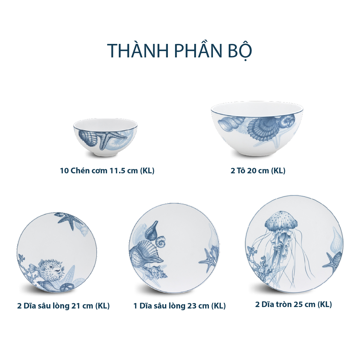 Bộ đồ ăn 17 sản phẩm - Timeless - Đại Dương Sương Mờ - L1