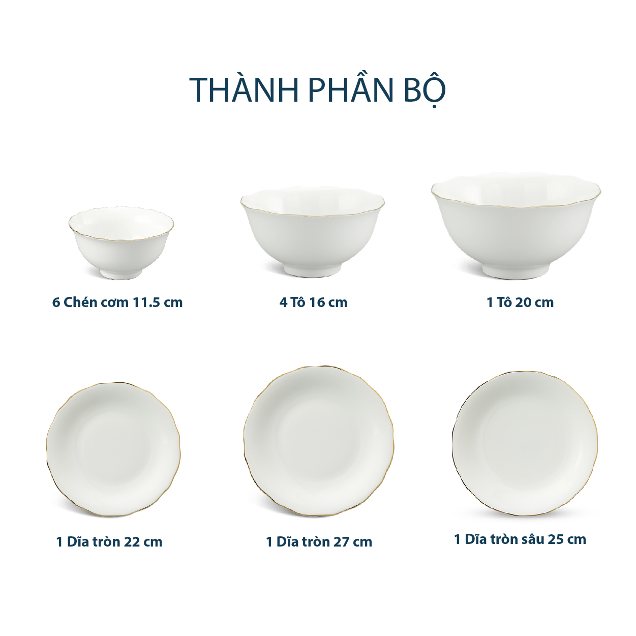 Bộ đồ ăn 14 sản phẩm - Mẫu đơn IFP - Chỉ Vàng