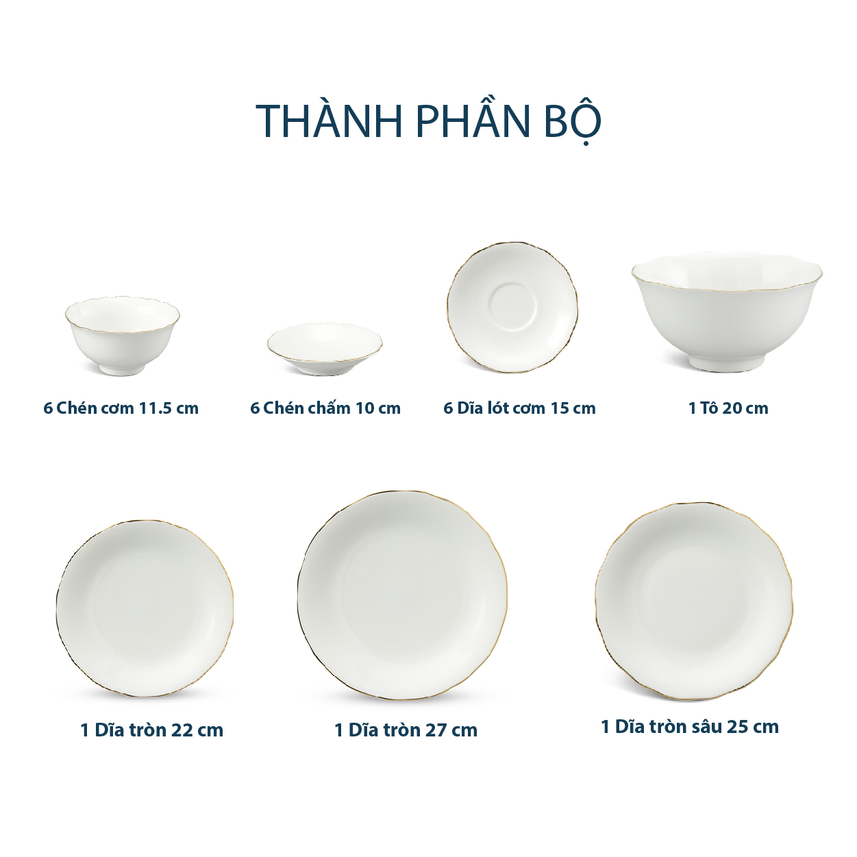 Bộ đồ ăn 22 sản phẩm - Mẫu đơn IFP - Viền Chỉ Vàng