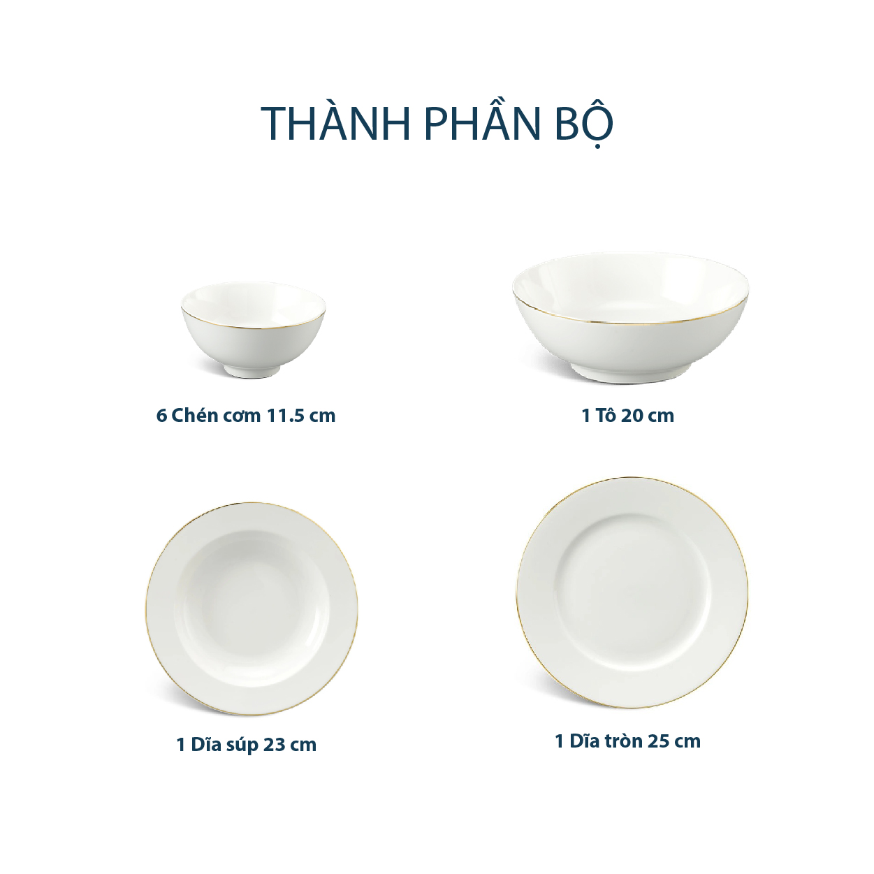 Bộ đồ ăn 09 sản phẩm - Jasmine - Viền Chỉ Vàng