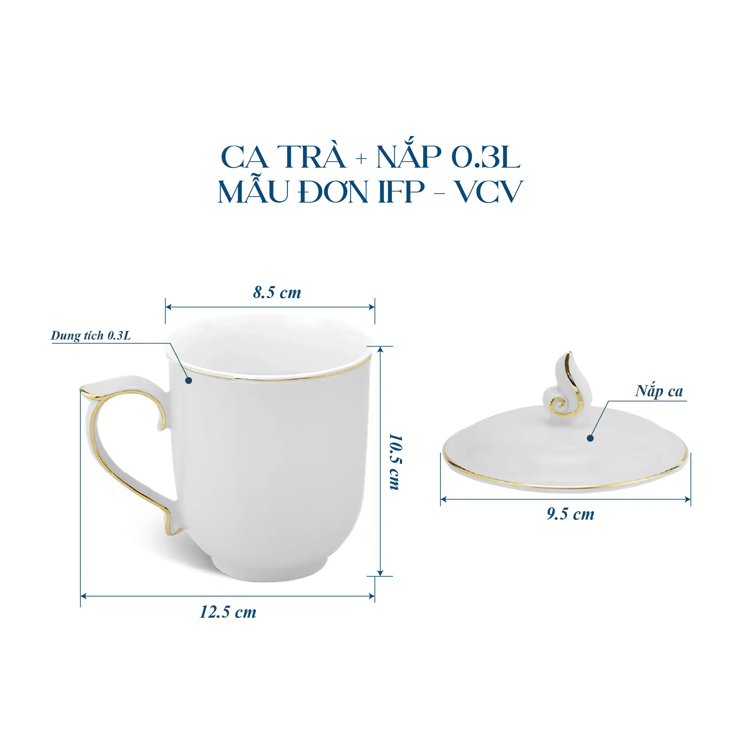 Ca trà 0.30 L + nắp - Mẫu đơn IFP - Chỉ Vàng