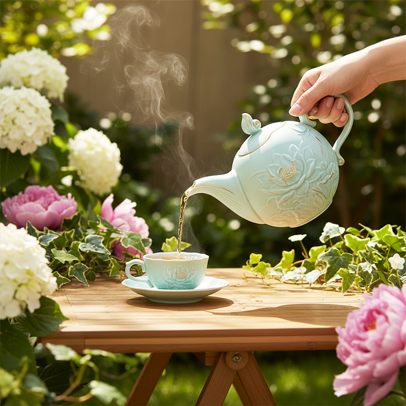 Bộ trà 0.7 L - Sen - Men Ngọc Sương Mờ (Trang Trí Vàng)