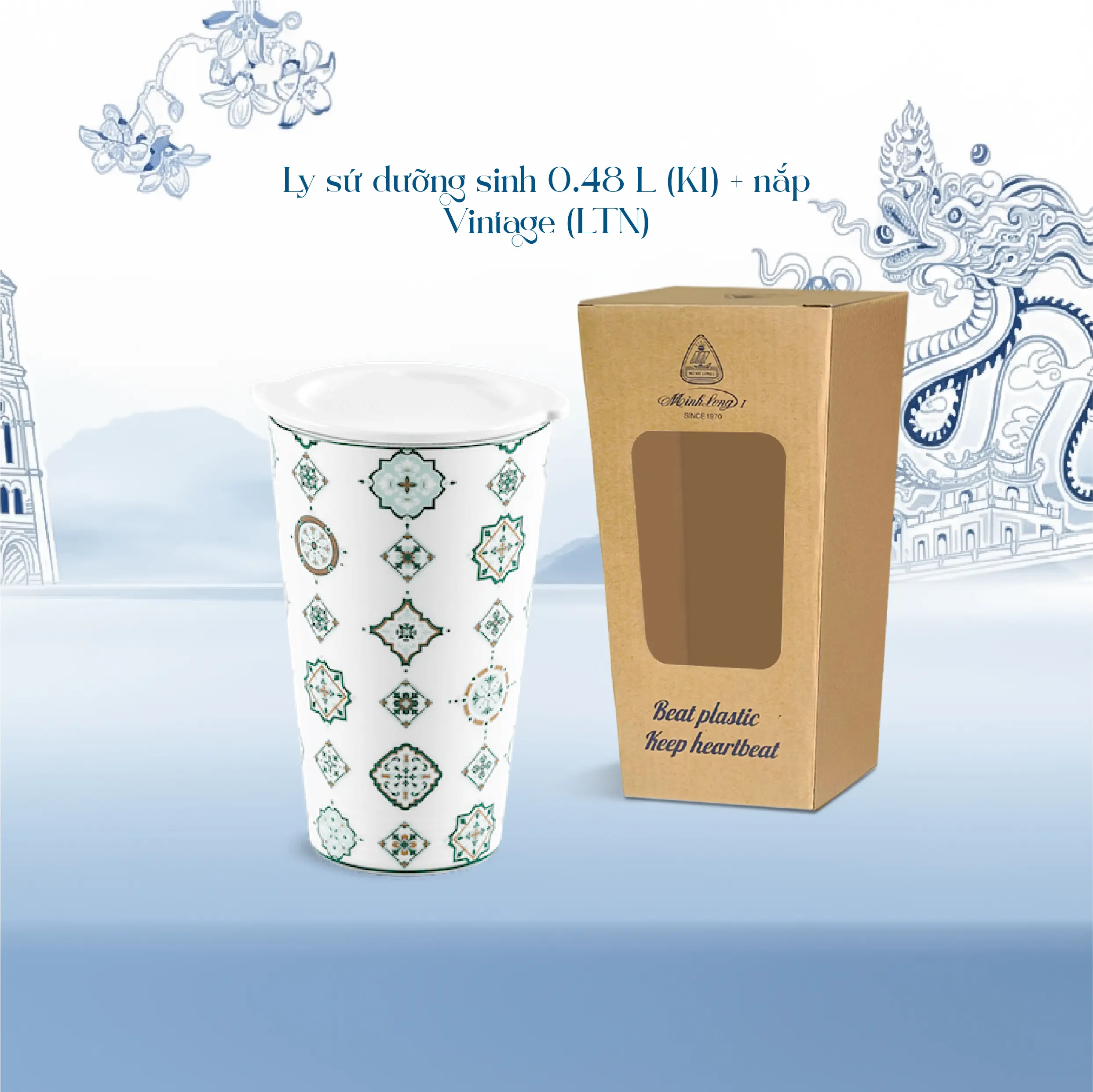 Ly sứ dưỡng sinh 0.48 L (K1) + nắp Dưỡng sinh Vintage (LTN)
