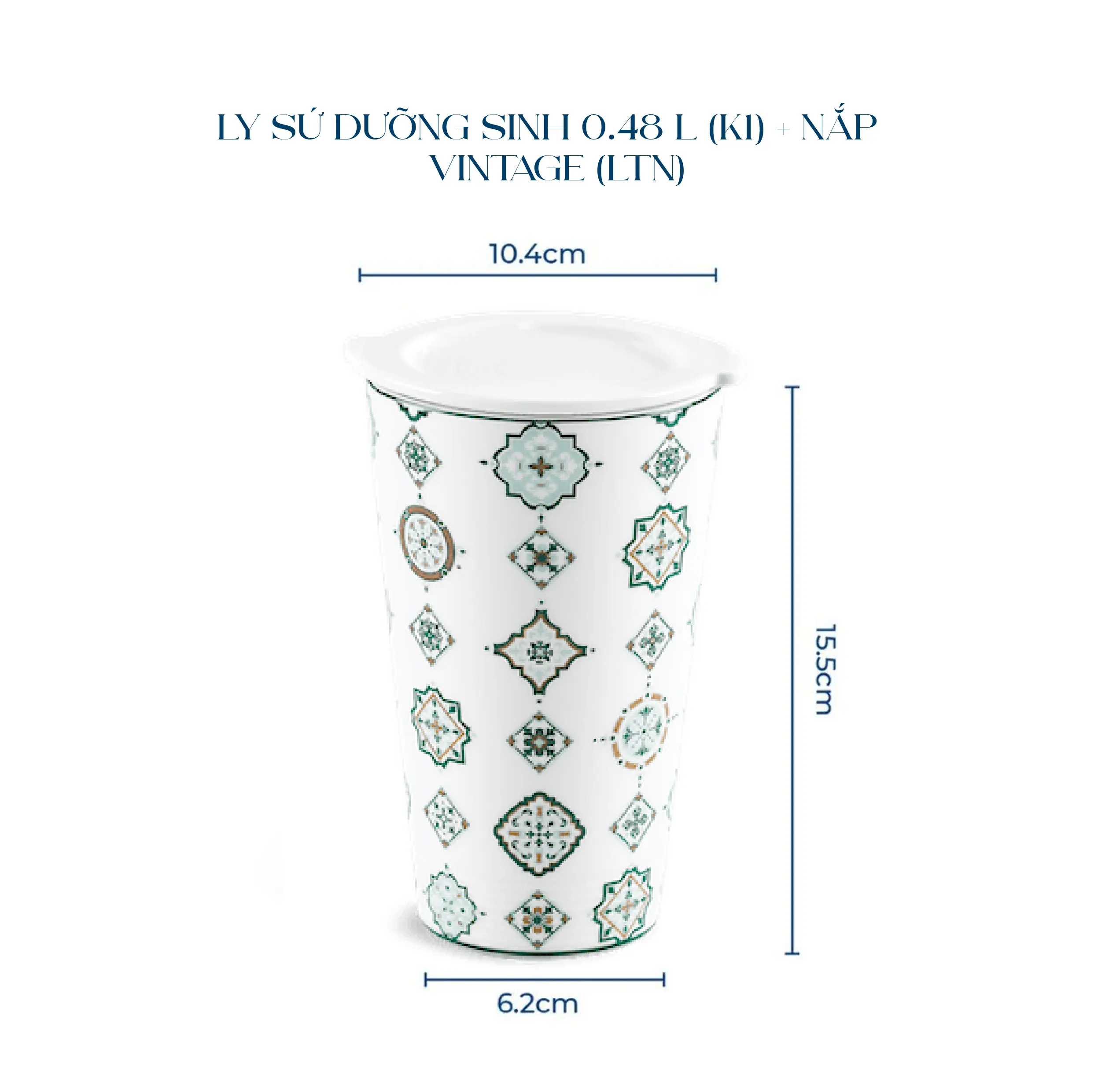 Ly sứ dưỡng sinh 0.48 L (K1) + nắp Dưỡng sinh Vintage (LTN)