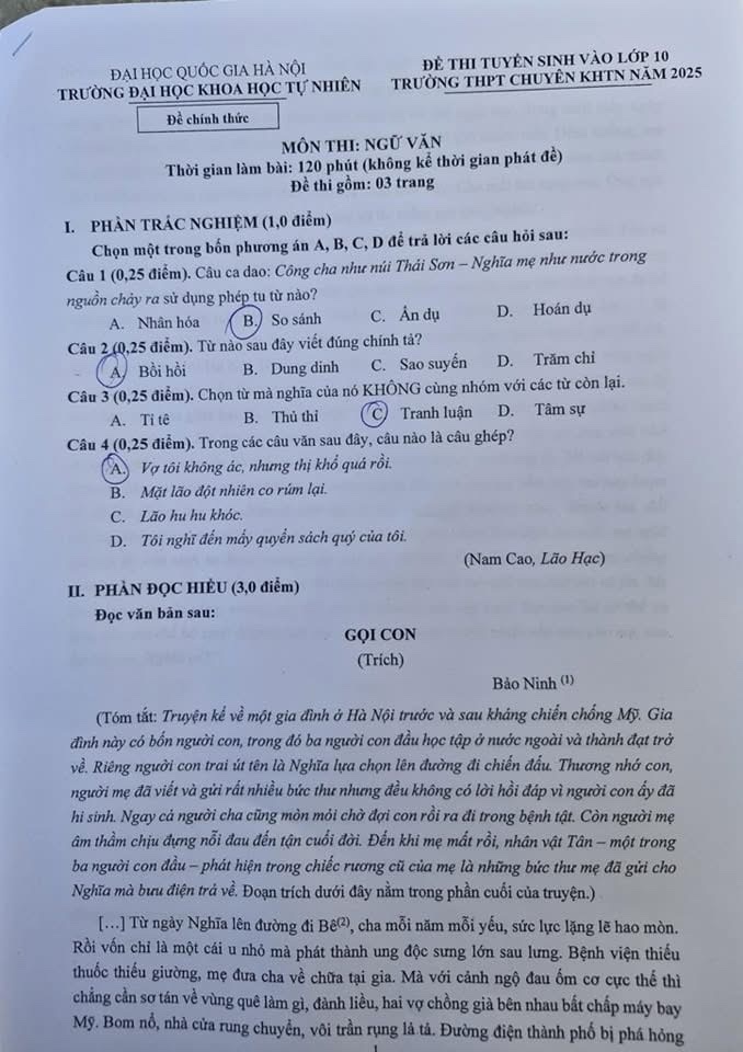ĐỀ THI TUYỂN SINH VÀO LỚP 10 TRƯỜNG PTTH CHUYÊN KHTN NĂM 2025
