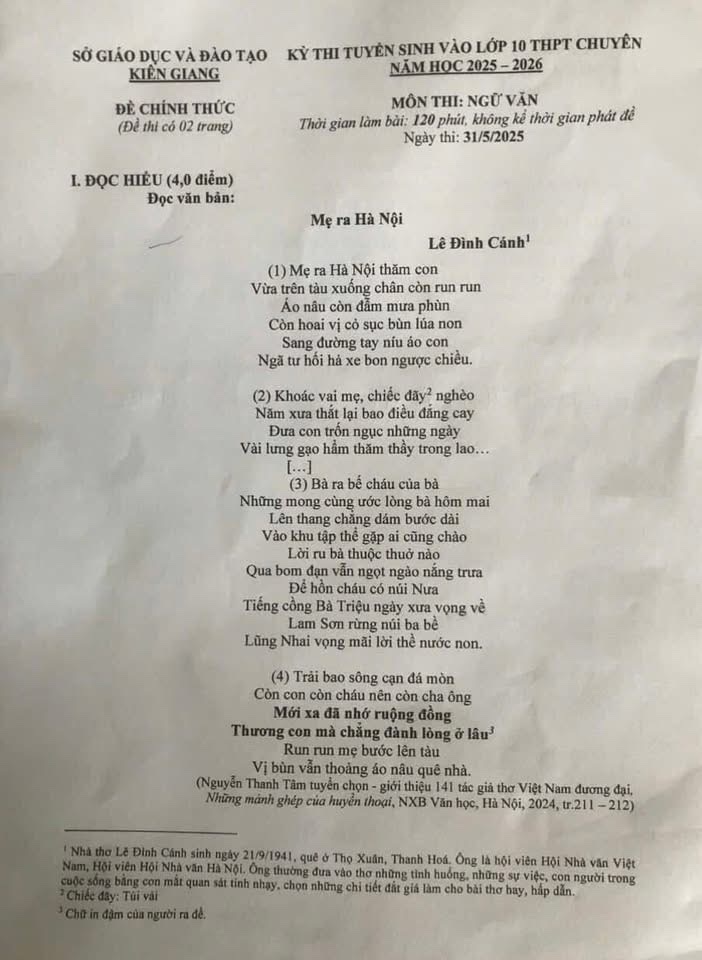 ĐỀ THI VÀO 10  MÔN NGỮ VĂN - TỈNH KIÊN GIANG NGÀY 31/5/2025
