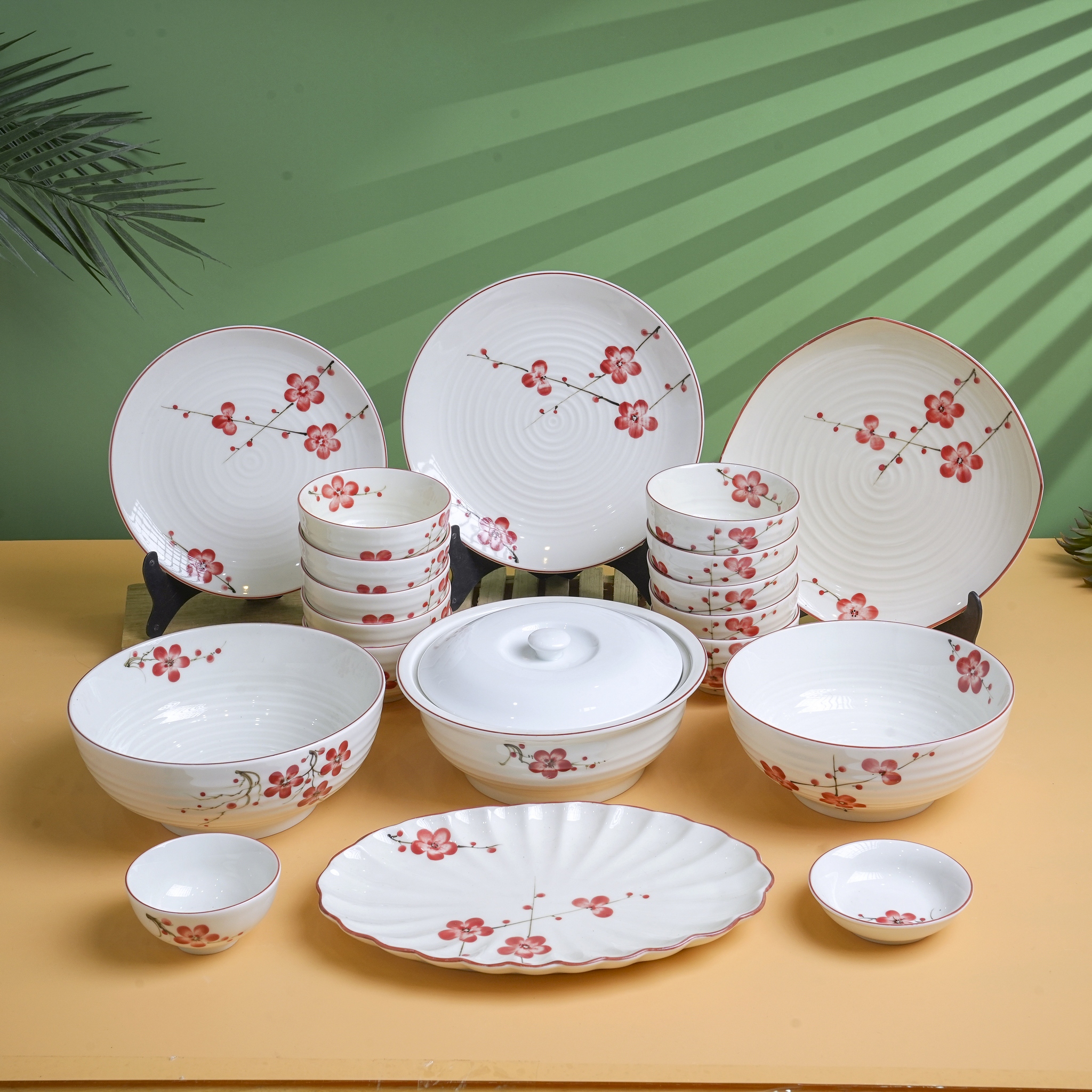 SÉT BÁT ĐĨA VUỐT HÀNG VẼ TAY HOA ĐÀO