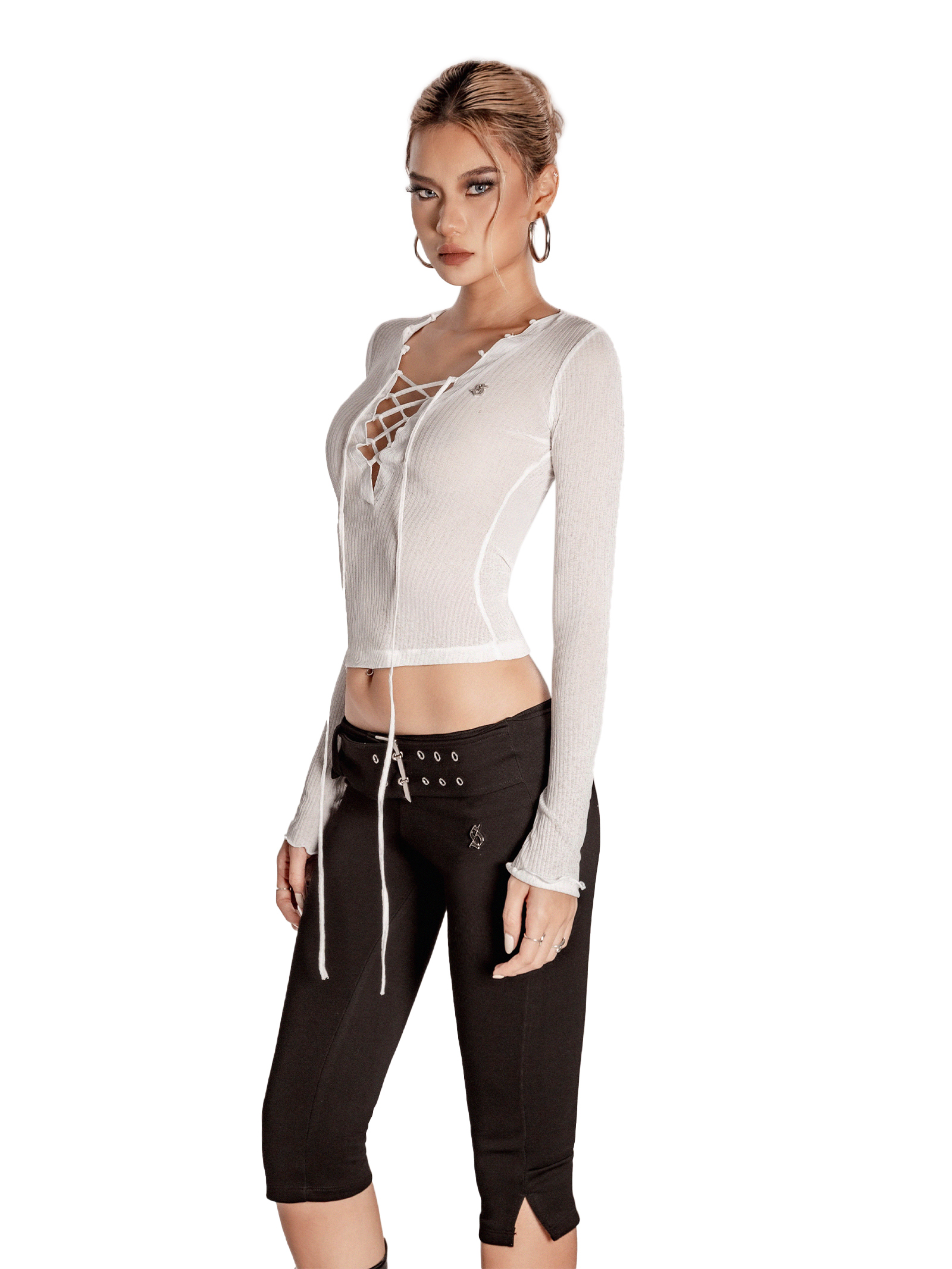 SISTERS Áo xuyên thấu đan dây ngực Linen - Trắng