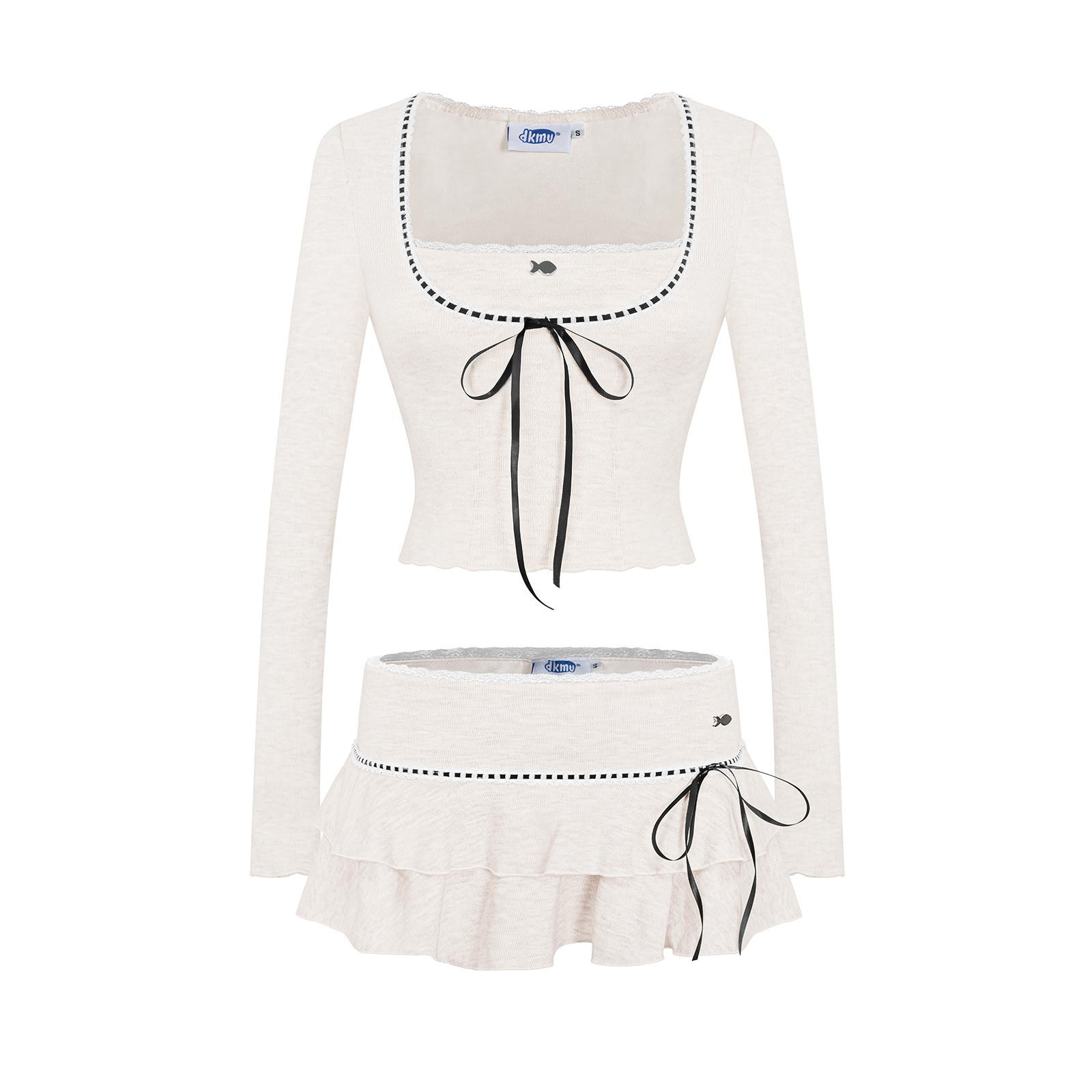 Set đồ nữ áo croptop và chân váy DKMV phối ren buộc nơ