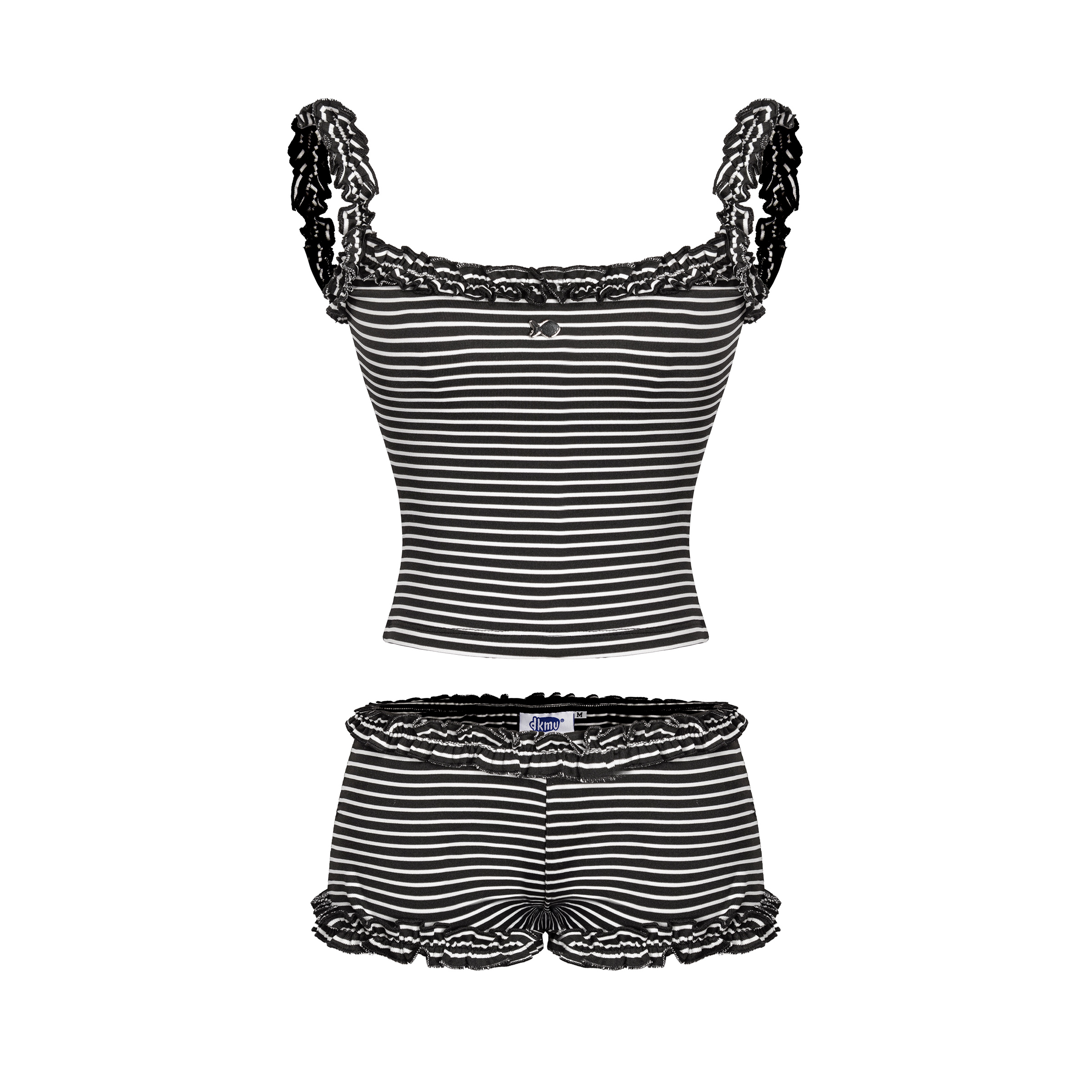 Set đồ nữ áo hai dây croptop và quần đùi DKMV kẻ sọc bèo nhún