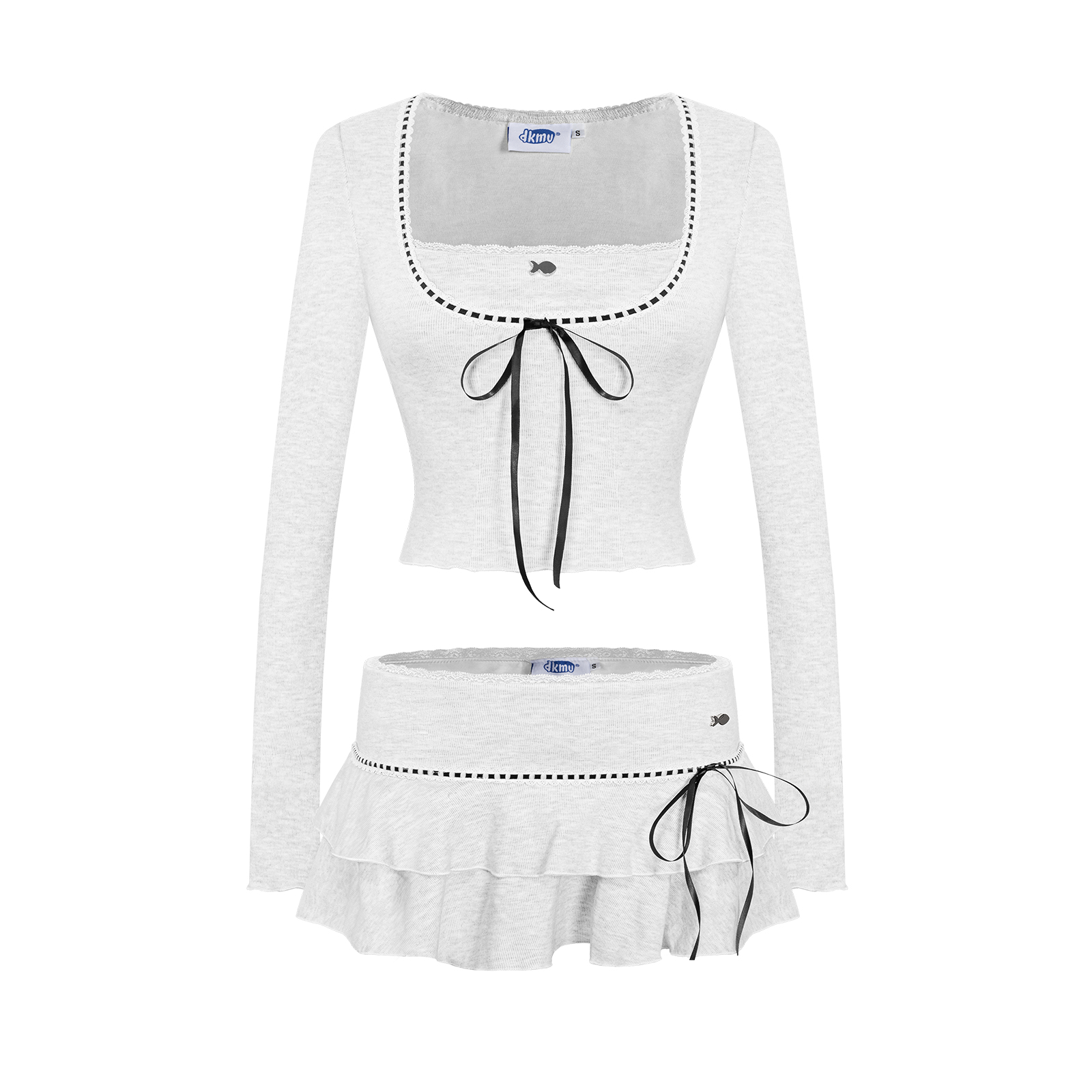 Set áo và chân váy ngắn DKMV croptop phối viền ren thắt nơ
