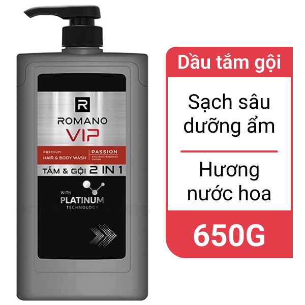Tắm gội 2 trong 1 Romano Vip Passion sạch sâu 650g