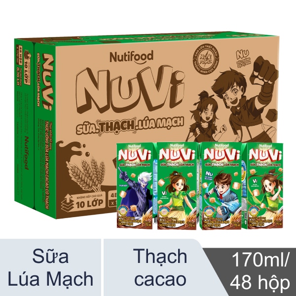 Thùng 48 hộp sữa lúa mạch cacao có thạch Nuvi 170ml