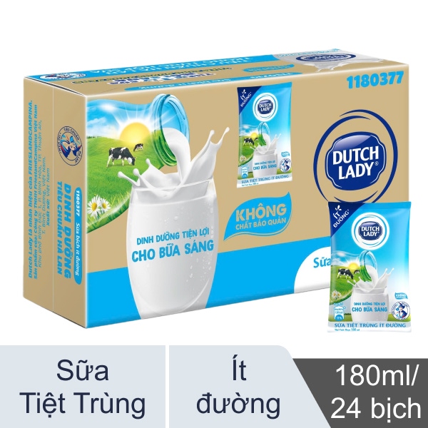 Thùng 24 bịch sữa tiệt trùng ít đường Dutch Lady 180ml