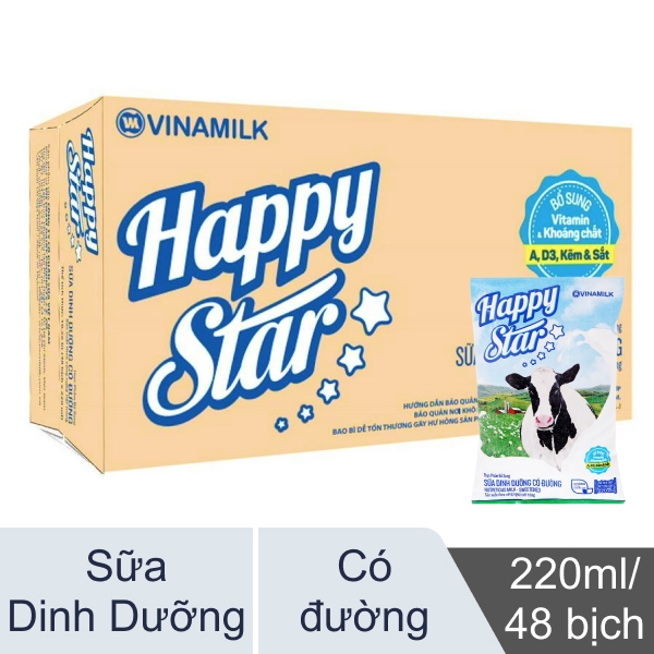 Thùng 48 bịch sữa dinh dưỡng tiệt trùng có đường Vinamilk Happy Star 220ml