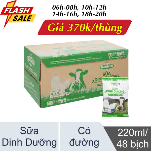 Thùng 48 bịch sữa dinh dưỡng có đường Nutimilk 220ml