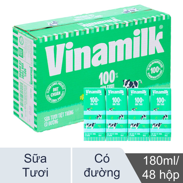 Thùng 48 hộp sữa tươi tiệt trùng có đường Vinamilk 100% Sữa tươi 180ml