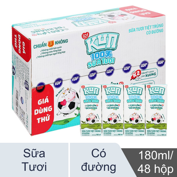 Thùng 48 hộp sữa tươi tiệt trùng có đường lof Kun 100% Sữa tươi 180ml