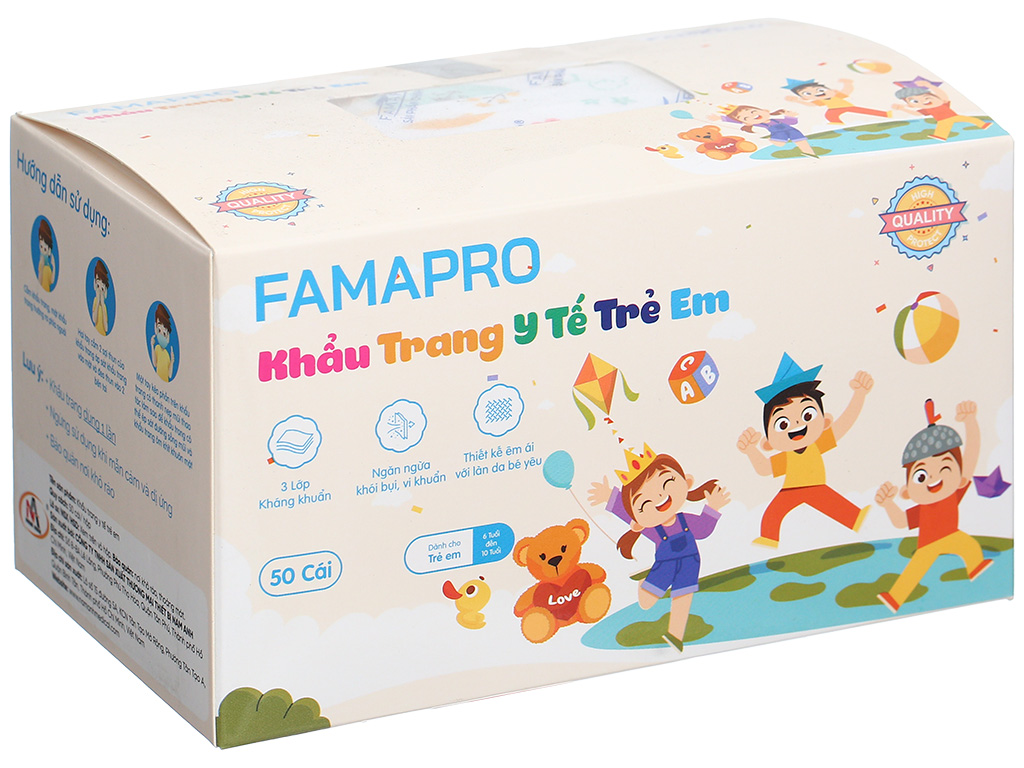 Khẩu trang y tế trẻ em Famapro 3 lớp hộp 50 cái hình kid