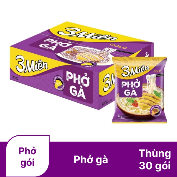 Thùng 30 gói phở gà 3 Miền Gold gói 75g