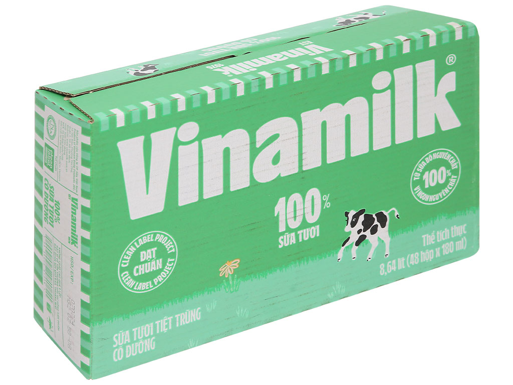 Thùng 48 hộp sữa tươi tiệt trùng có đường Vinamilk 100% Sữa tươi 180ml