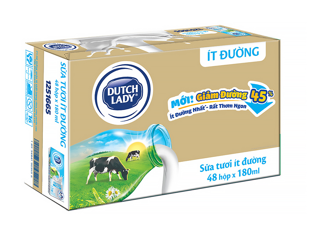 Thùng 48 hộp sữa tươi tiệt trùng ít đường Dutch Lady 180ml