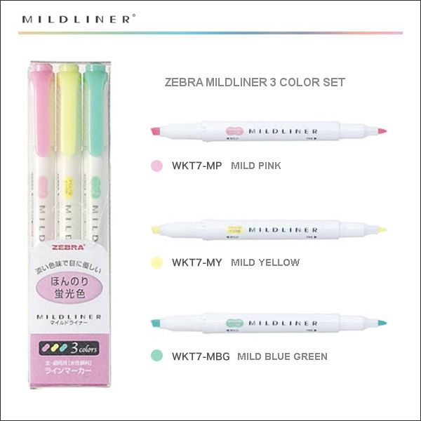 Set 3 bút Zebra 2 đầu Mildliner WKT7
