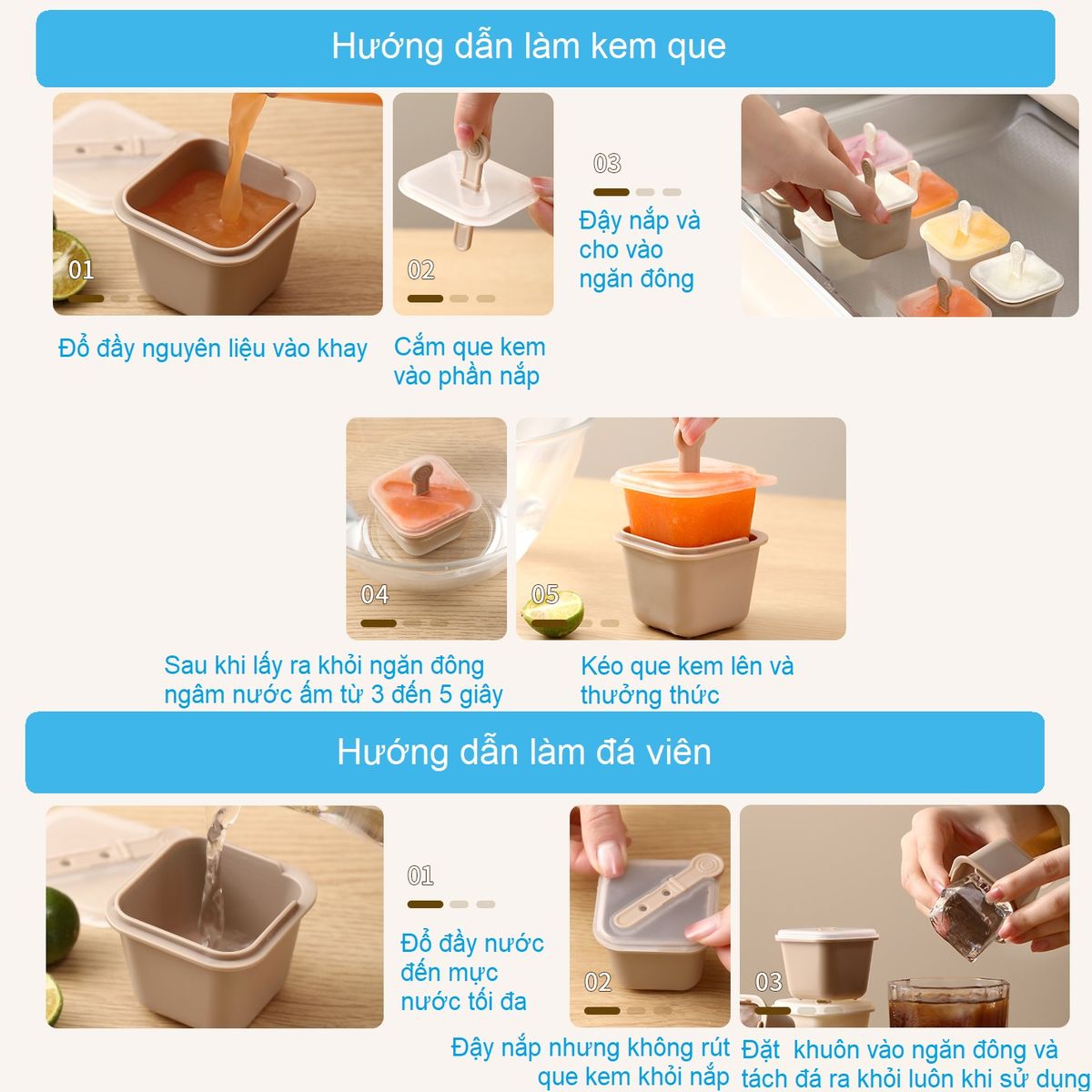 Bộ 6 Khay đá viên lớn kiêm làm kem que dung tích 60ml mỗi viên Fasola PS511