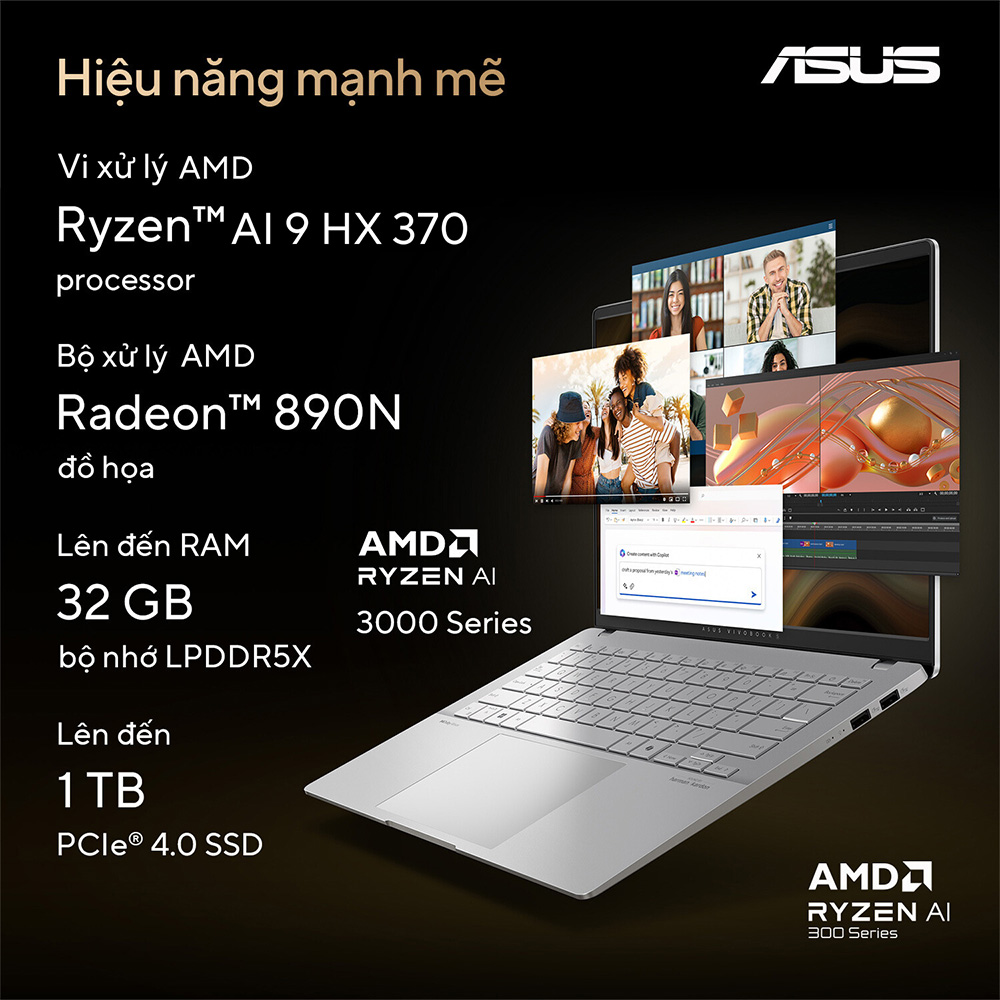 Laptop Asus Vivobook S 14 OLED M5406WA-PP071WS (AMD Ryzen AI 9 HX 370 | 32GB | 1TB | AMD Radeon | 14 inch 3K OLED 120Hz | Win 11 | Bạc)