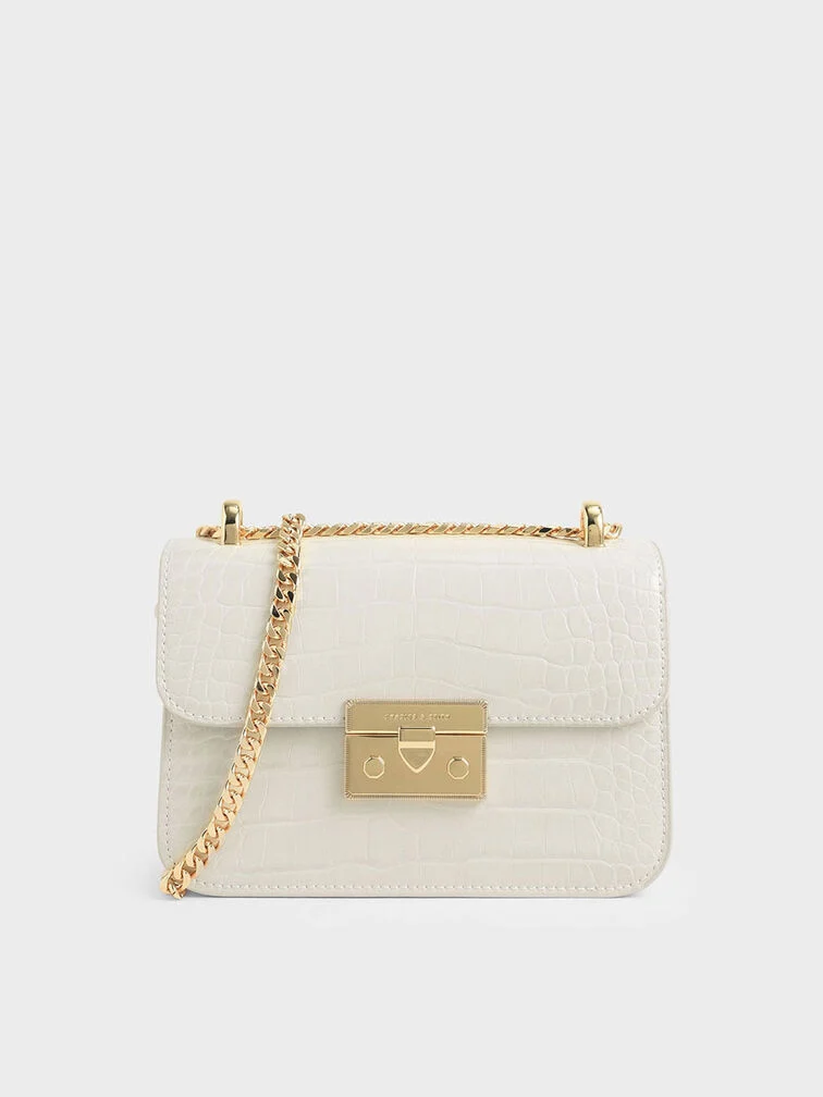 Croc Effect Chain Strap Square Shoulder Bag