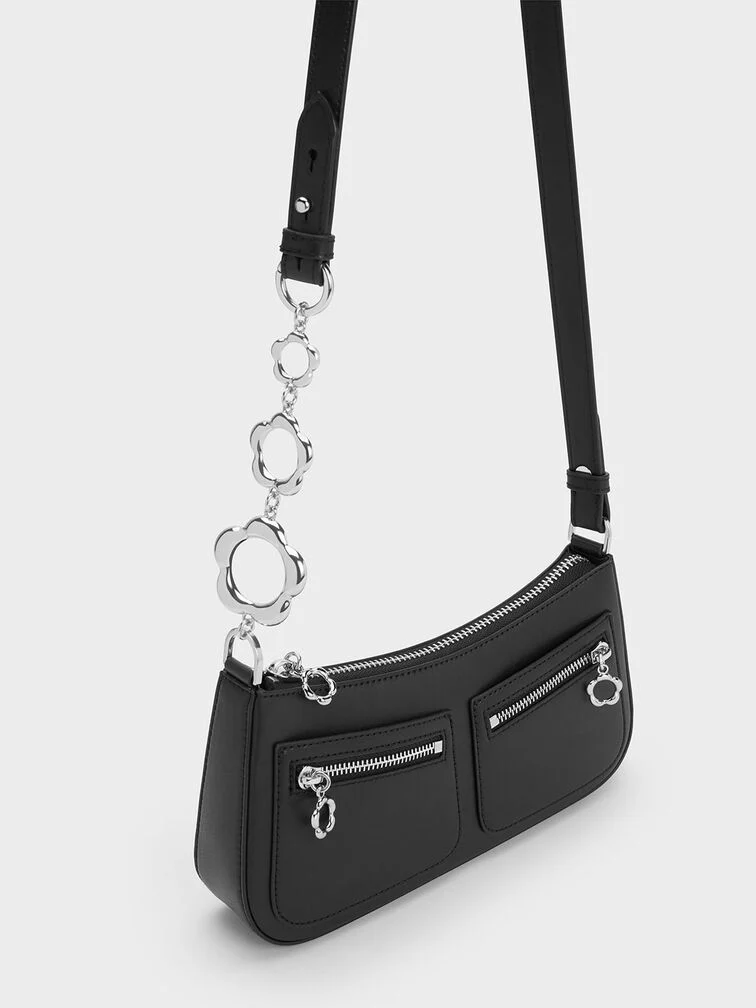 Flower-Embellished Trapezoid Shoulder Bag