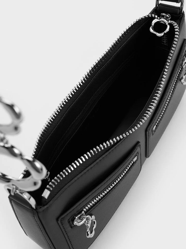 Flower-Embellished Trapezoid Shoulder Bag