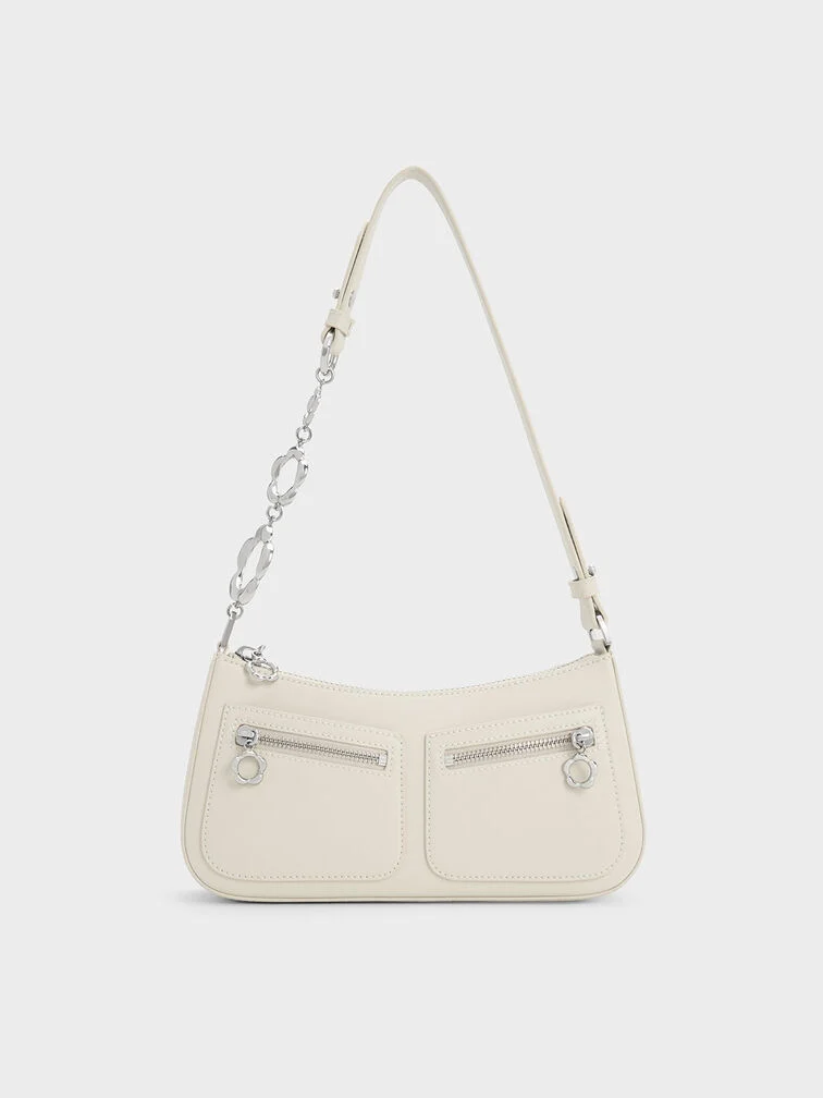 Flower-Embellished Trapezoid Shoulder Bag