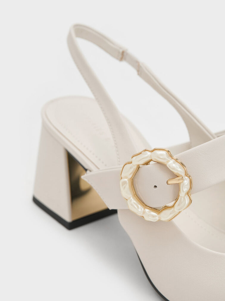 Patent Two-Tone Pearl Buckle Slingback Pumps