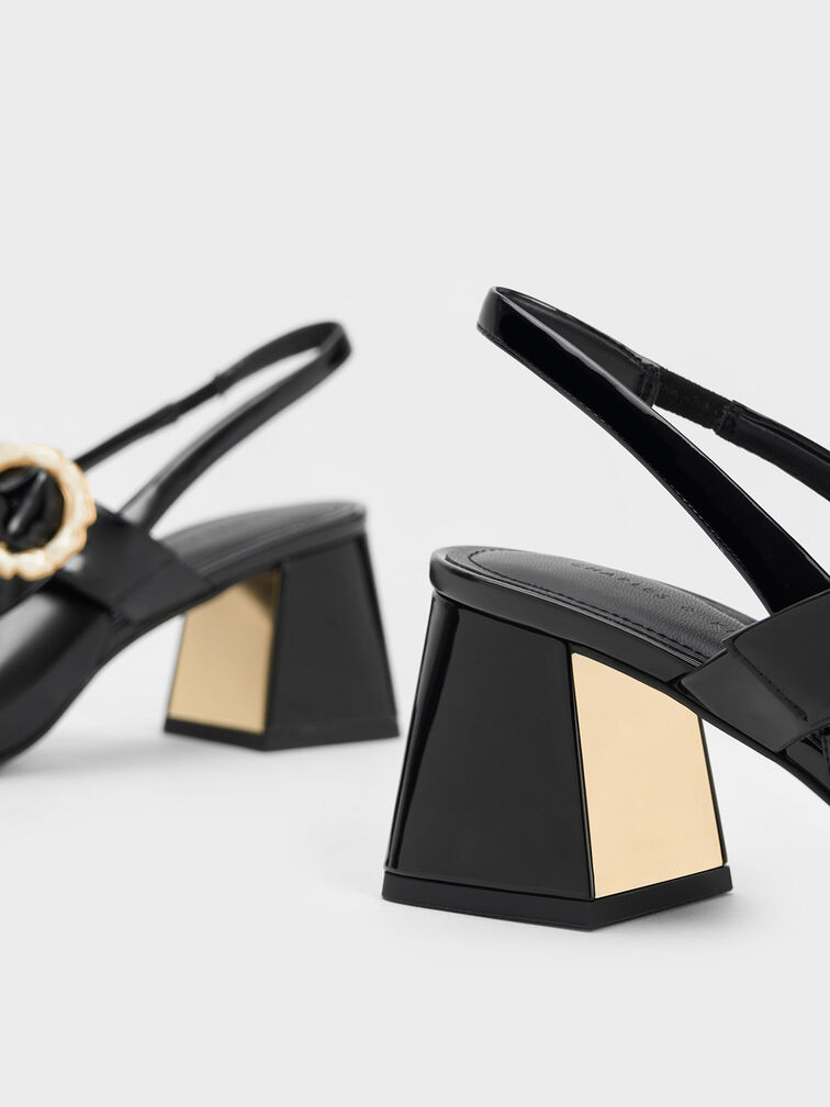 Patent Two-Tone Pearl Buckle Slingback Pumps