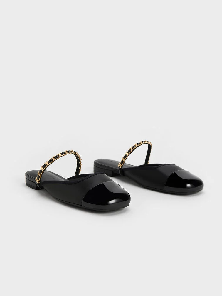 Patent Two-Tone Chain-Strap Mules Long