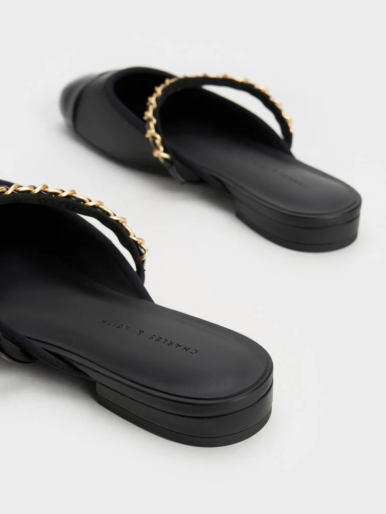 Patent Two-Tone Chain-Strap Mules Long