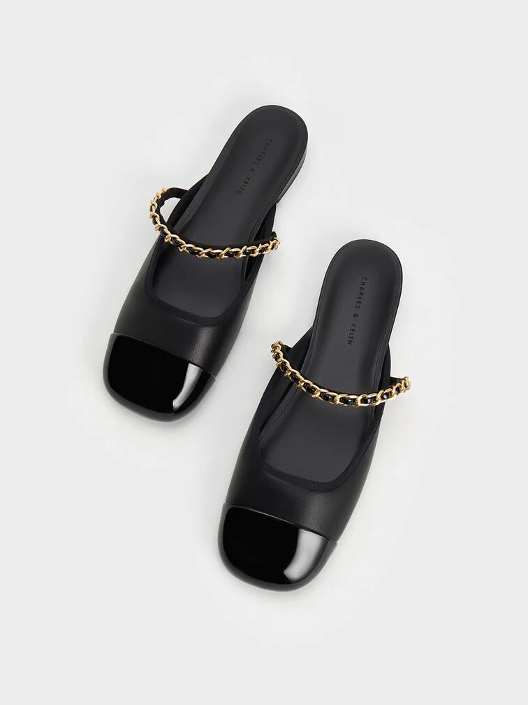 Patent Two-Tone Chain-Strap Mules Long
