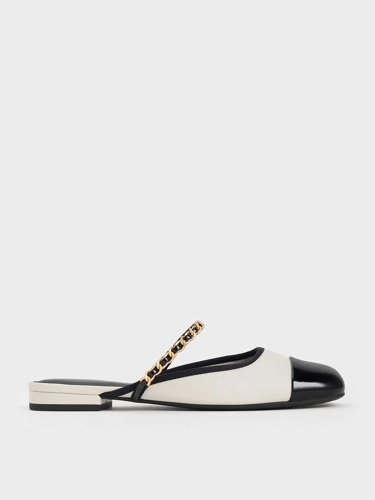 Patent Two-Tone Chain-Strap Mules Long